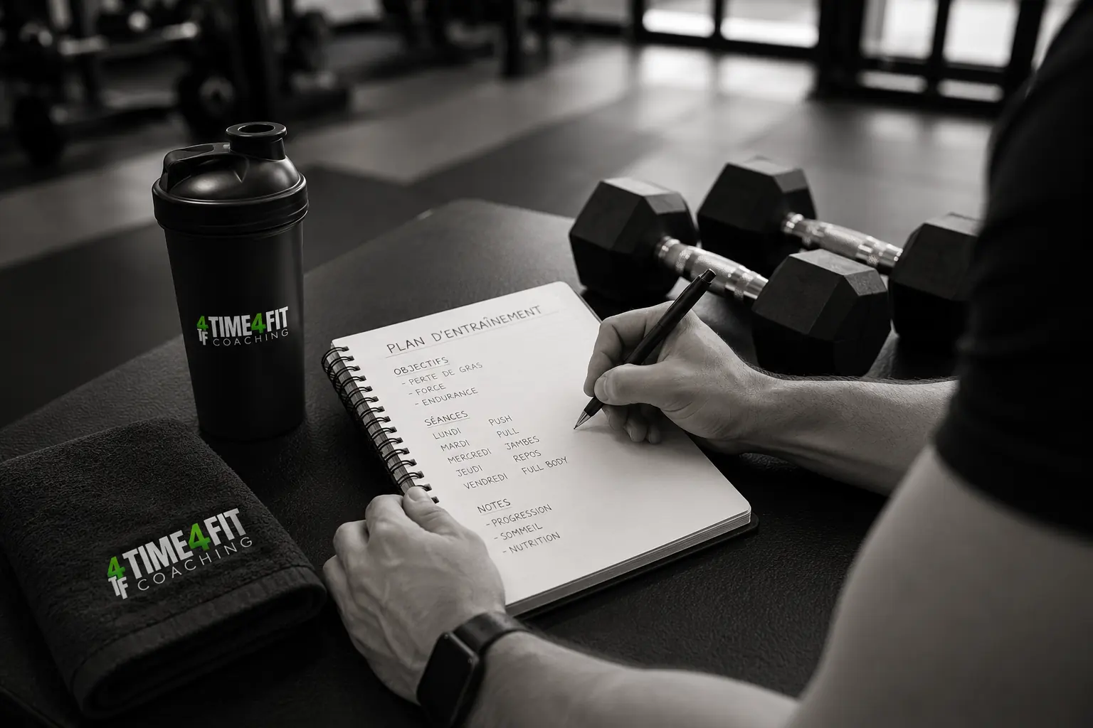 Plan d'entraînement Time4Fit Coaching avec carnet, main écrivant, haltères, bouteille et serviette de coaching professionnel